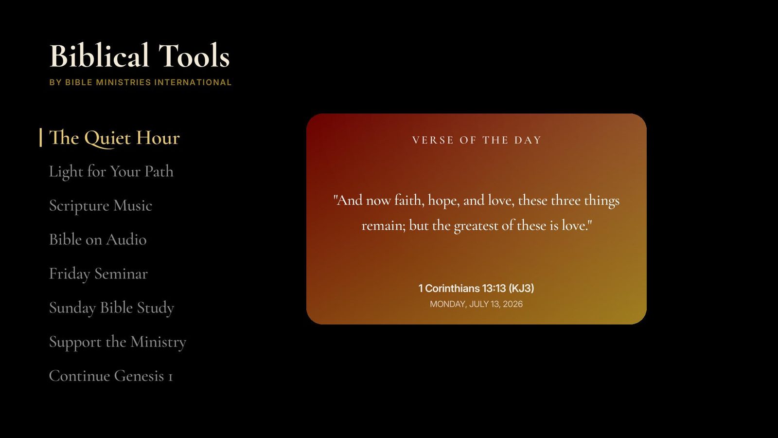 Biblical Tools channel home screen on Roku