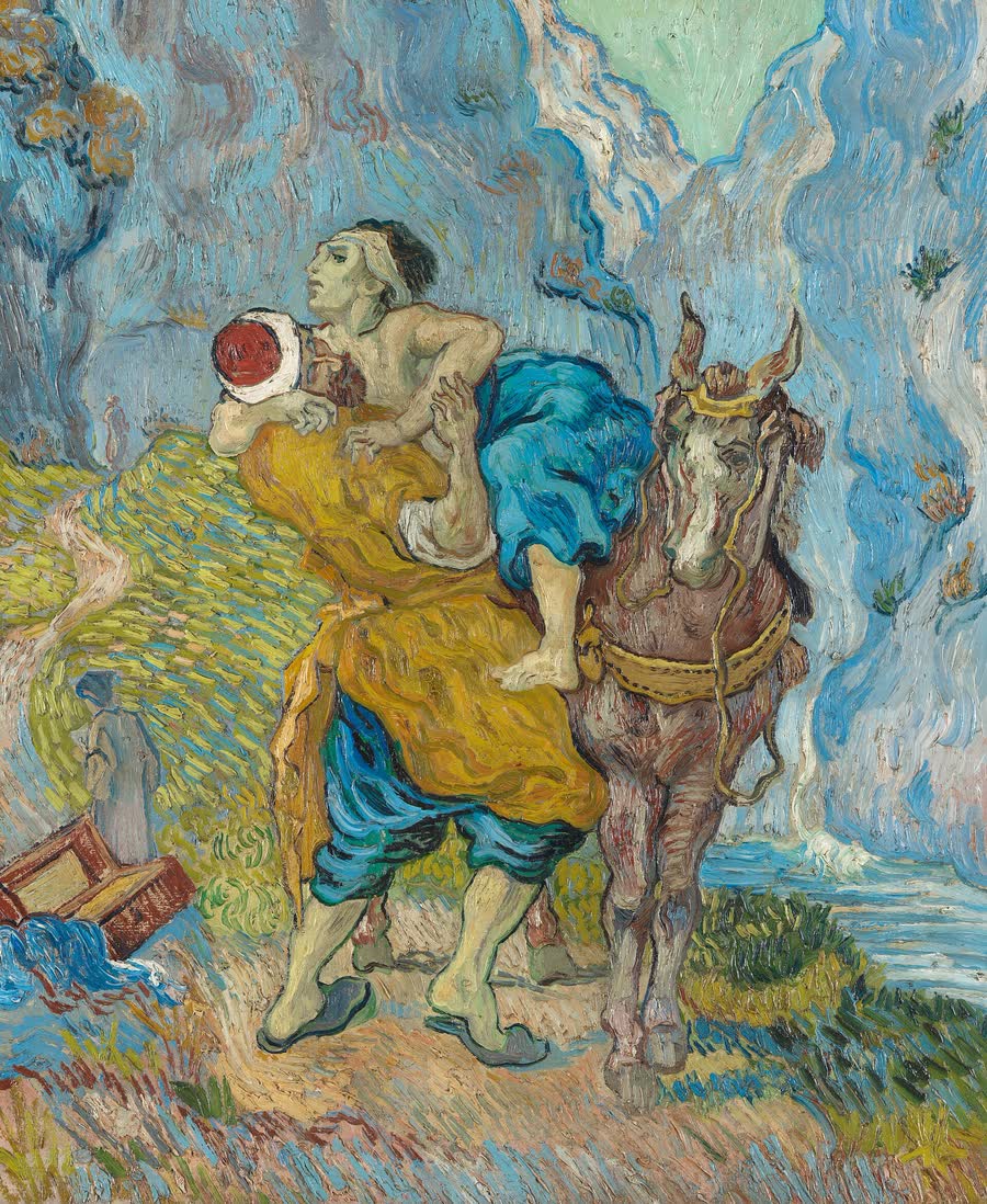 Painting: on a mountain road, a man in a yellow robe strains to lift a wounded, half-clothed man onto his horse. An open chest lies spilled on the ground, and far behind them a figure walks away down the road.